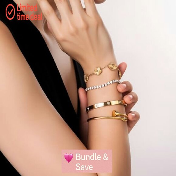 18K Gold Plated Tennis Bracelet Set, 4-Piece Stackable, Adjustable, Stainless - Picture 5 of 8